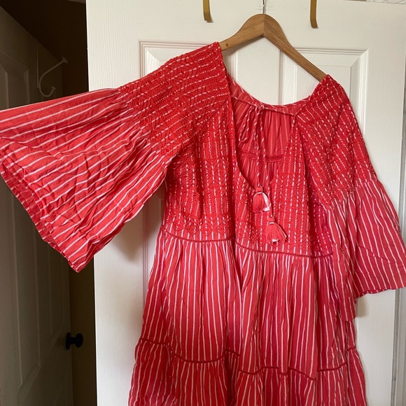 Red/Orange Striped Boho Smocked Tunic Free People XL - Picture 3 of 5
